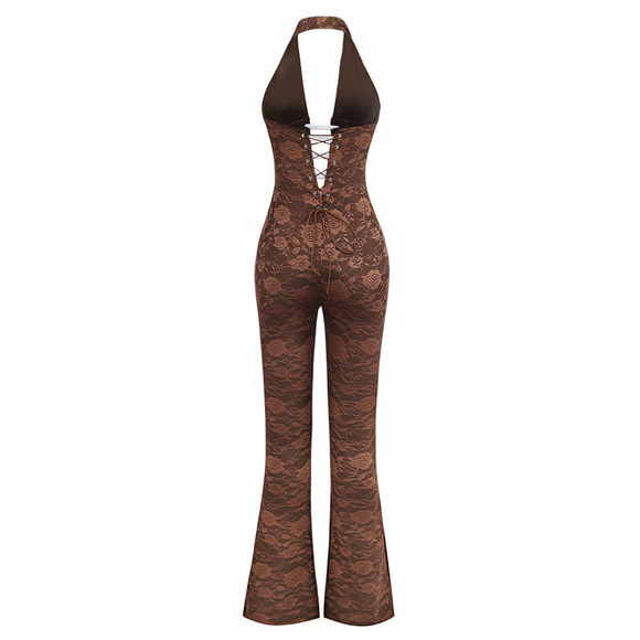 Mocha Floral Lace Whimsigoth Jumpsuit Fairy Rave Festival Y2K Ethereal Coquette - Picture 8 of 9